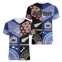 Personalised Aotearoa and Samoa Together Women V-Neck T-Shirt Tatau Art Tattoos-Taniko and Tukutuku with Maori Pattern