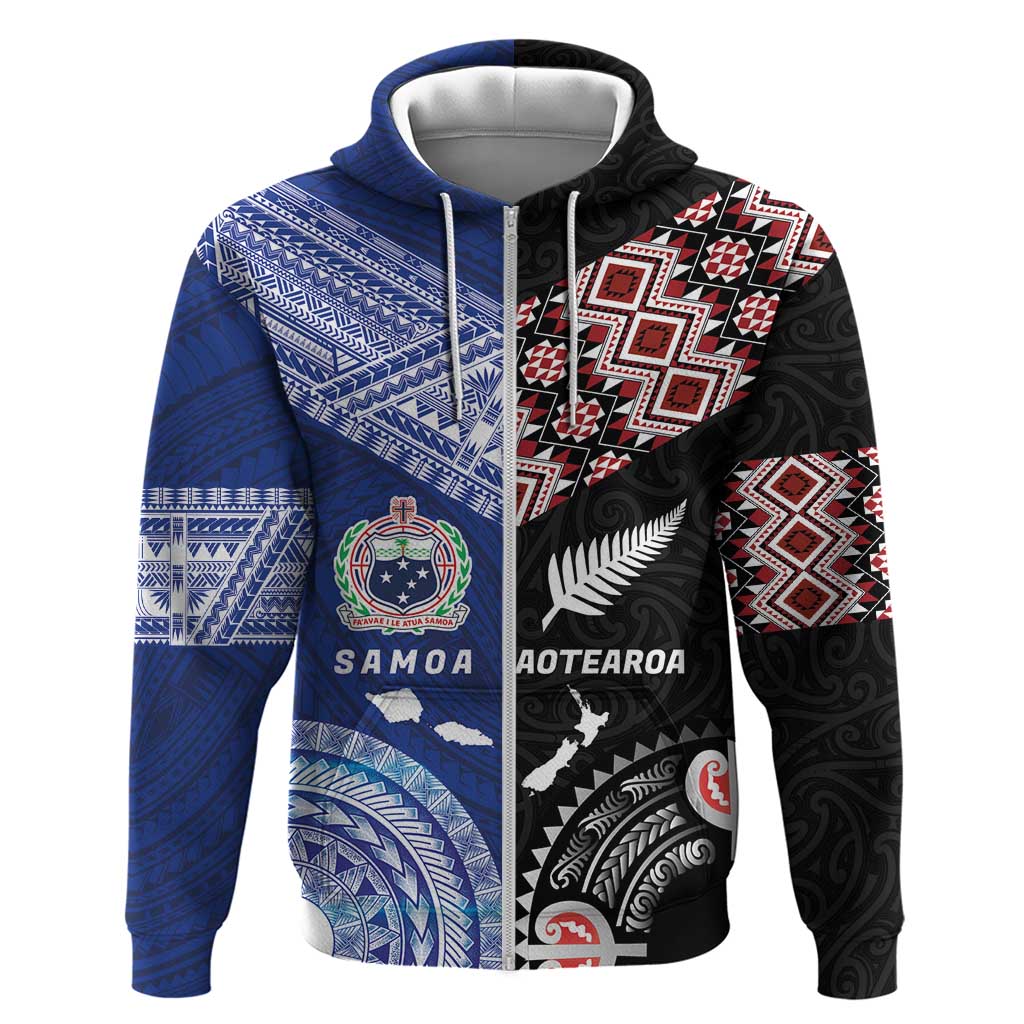 Personalised Aotearoa and Samoa Together Zip Hoodie Tatau Art Tattoos-Taniko and Tukutuku with Maori Pattern
