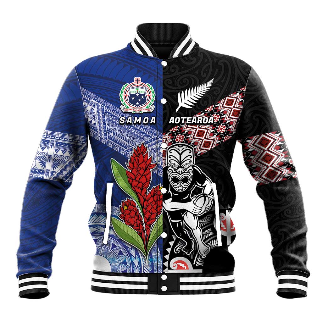 Custom Aotearoa and Samoa Rugby Baseball Jacket Maori Warrior and Teuila Emblem-Tatau with Taniko Art