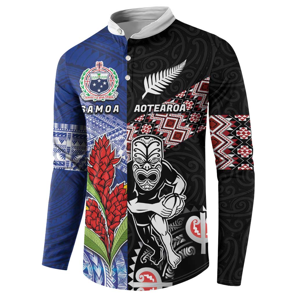 Custom Aotearoa and Samoa Rugby Button Sweatshirt Maori Warrior and Teuila Emblem-Tatau with Taniko Art