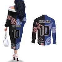 Custom Aotearoa and Samoa Rugby Couples Matching Off The Shoulder Long Sleeve Dress and Long Sleeve Button Shirt Maori Warrior and Teuila Emblem-Tatau with Taniko Art