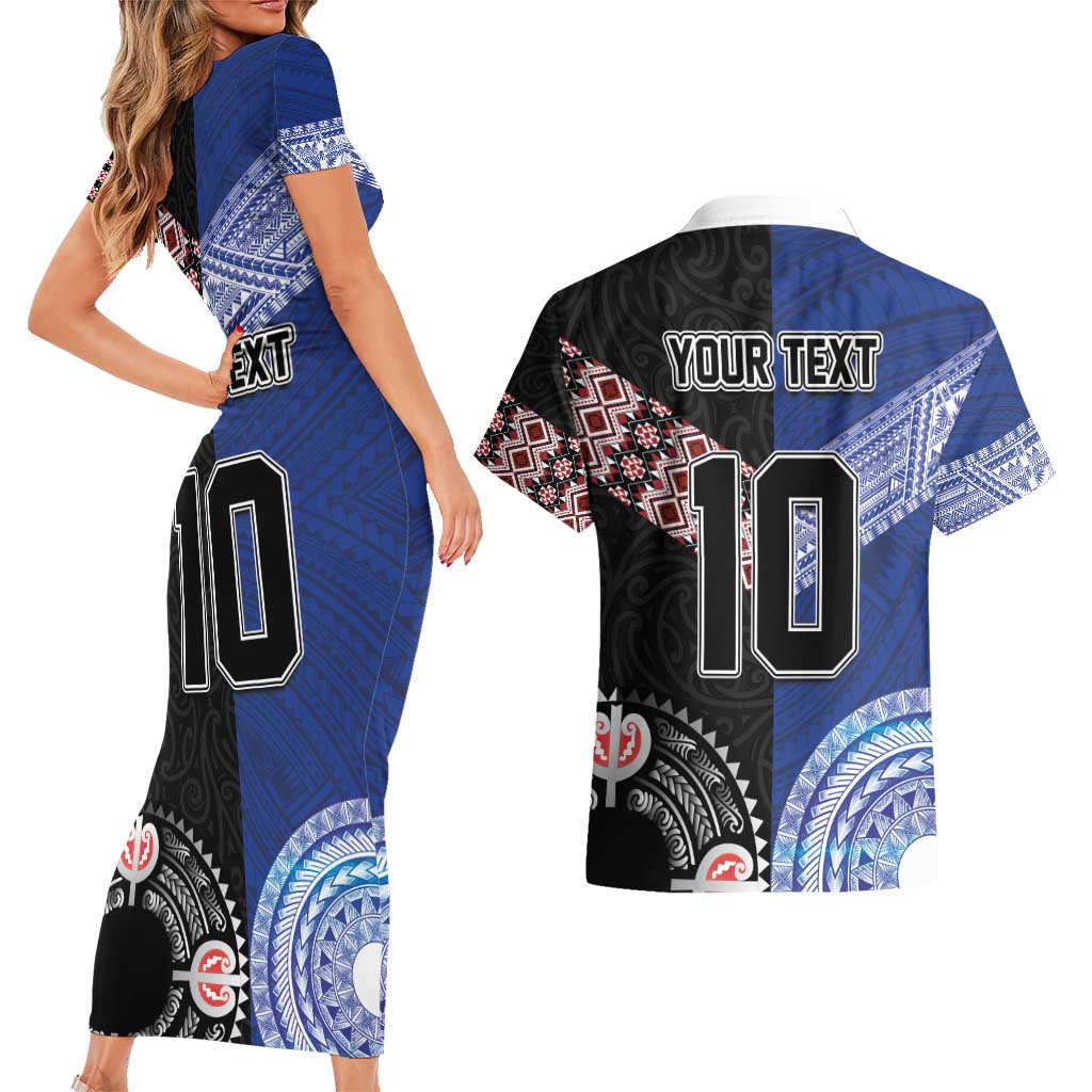 Custom Aotearoa and Samoa Rugby Couples Matching Short Sleeve Bodycon Dress and Hawaiian Shirt Maori Warrior and Teuila Emblem-Tatau with Taniko Art