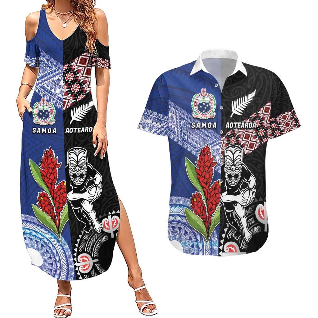 Custom Aotearoa and Samoa Rugby Couples Matching Summer Maxi Dress and Hawaiian Shirt Maori Warrior and Teuila Emblem-Tatau with Taniko Art