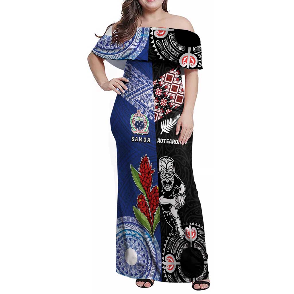 Custom Aotearoa and Samoa Rugby Family Matching Off Shoulder Maxi Dress and Hawaiian Shirt Maori Warrior and Teuila Emblem-Tatau with Taniko Art