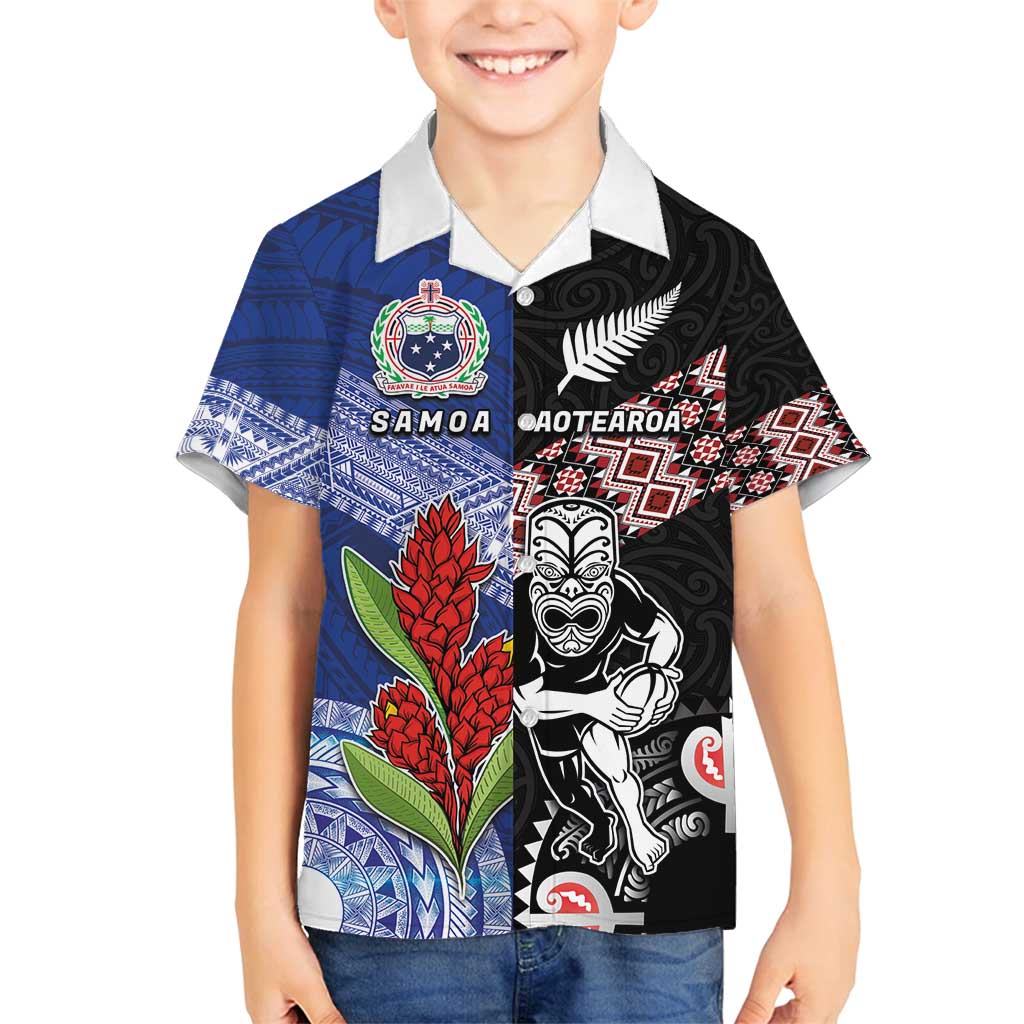 Custom Aotearoa and Samoa Rugby Family Matching Off Shoulder Short Dress and Hawaiian Shirt Maori Warrior and Teuila Emblem-Tatau with Taniko Art