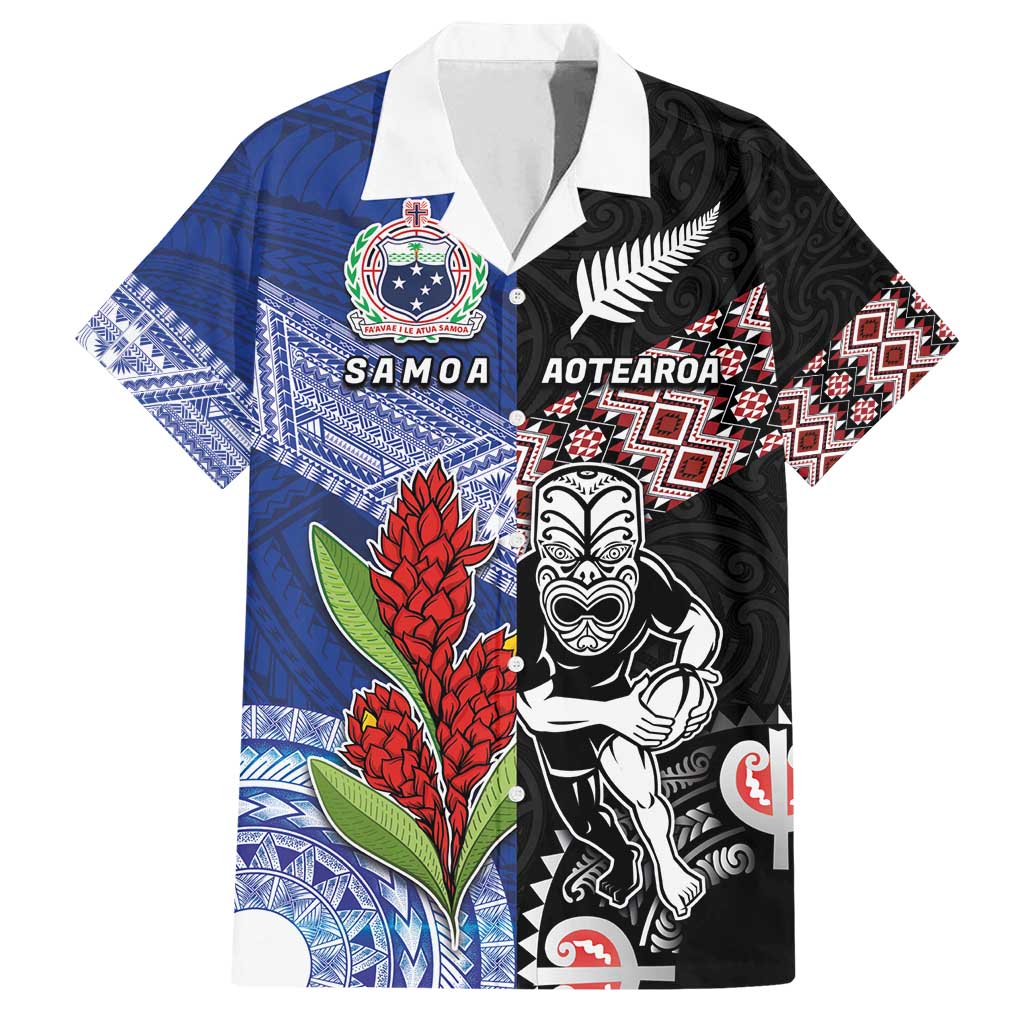 Custom Aotearoa and Samoa Rugby Family Matching Puletasi and Hawaiian Shirt Maori Warrior and Teuila Emblem-Tatau with Taniko Art