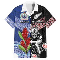 Custom Aotearoa and Samoa Rugby Family Matching Puletasi and Hawaiian Shirt Maori Warrior and Teuila Emblem-Tatau with Taniko Art