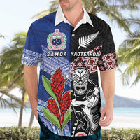 Custom Aotearoa and Samoa Rugby Hawaiian Shirt Maori Warrior and Teuila Emblem-Tatau with Taniko Art