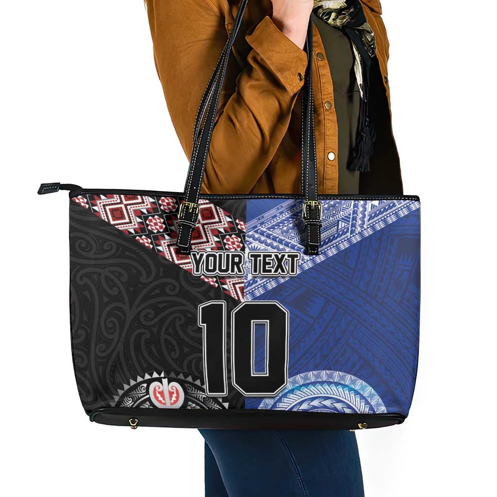 Custom Aotearoa and Samoa Rugby Leather Tote Bag Maori Warrior and Teuila Emblem-Tatau with Taniko Art