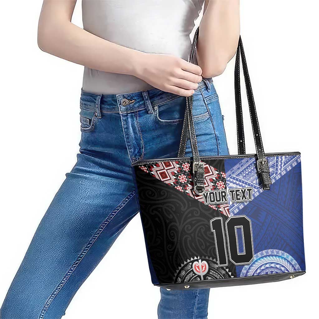 Custom Aotearoa and Samoa Rugby Leather Tote Bag Maori Warrior and Teuila Emblem-Tatau with Taniko Art