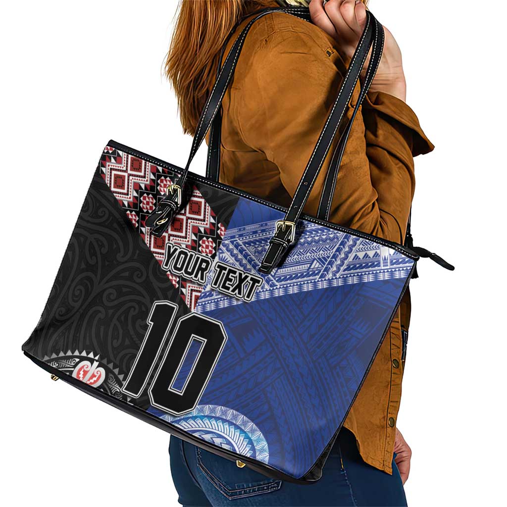 Custom Aotearoa and Samoa Rugby Leather Tote Bag Maori Warrior and Teuila Emblem-Tatau with Taniko Art