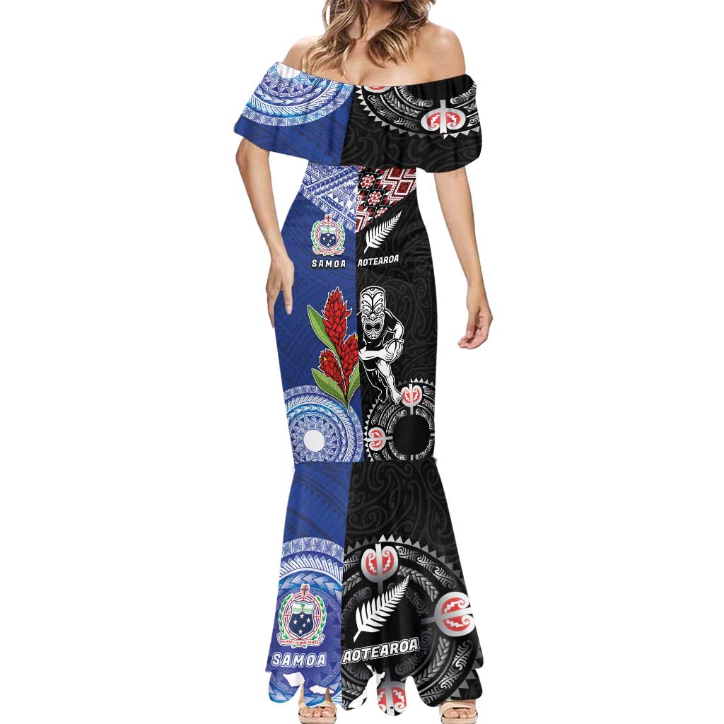 Custom Aotearoa and Samoa Rugby Mermaid Dress Maori Warrior and Teuila Emblem-Tatau with Taniko Art