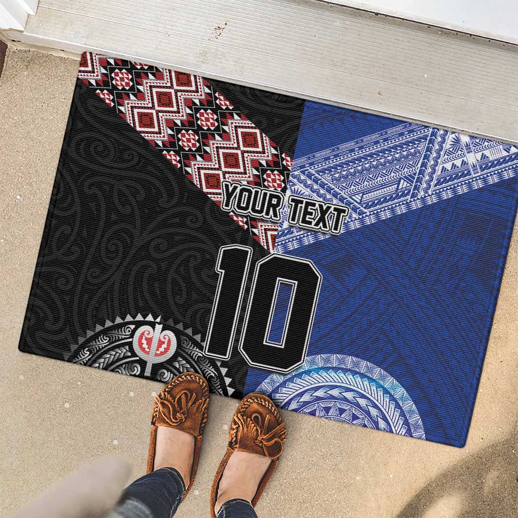 Custom Aotearoa and Samoa Rugby Rubber Doormat Maori Warrior and Teuila Emblem-Tatau with Taniko Art