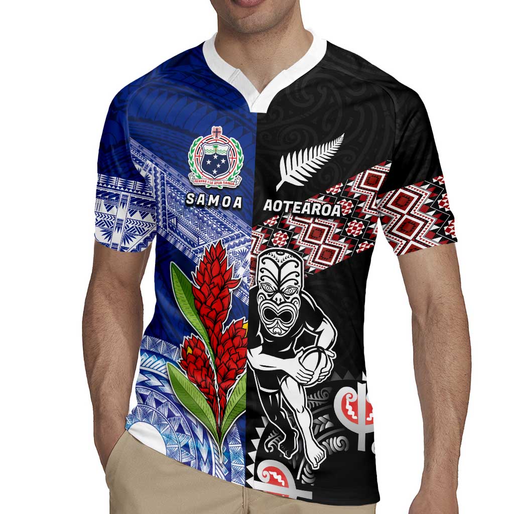 Custom Aotearoa and Samoa Rugby Rugby Jersey Maori Warrior and Teuila Emblem-Tatau with Taniko Art