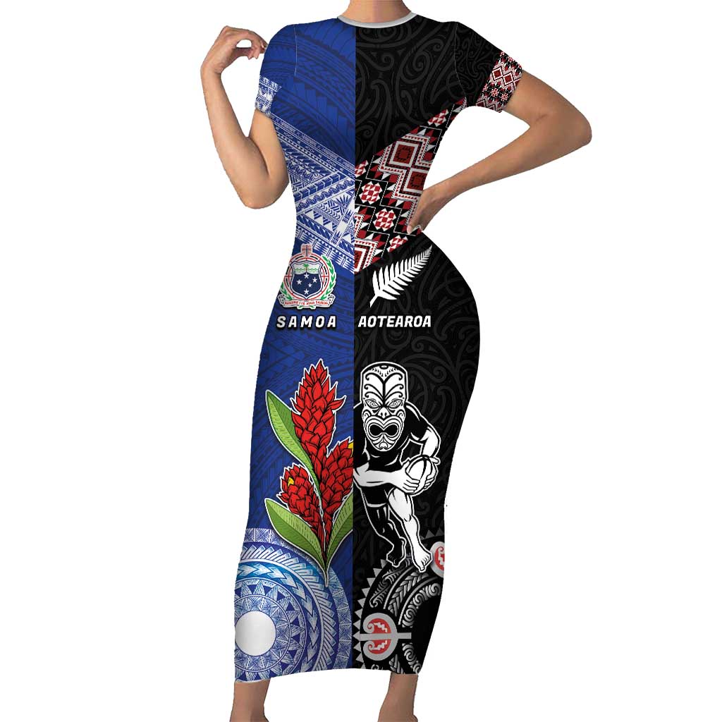 Custom Aotearoa and Samoa Rugby Short Sleeve Bodycon Dress Maori Warrior and Teuila Emblem-Tatau with Taniko Art