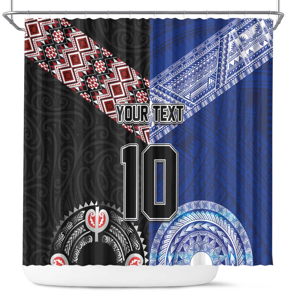 Custom Aotearoa and Samoa Rugby Shower Curtain Maori Warrior and Teuila Emblem-Tatau with Taniko Art
