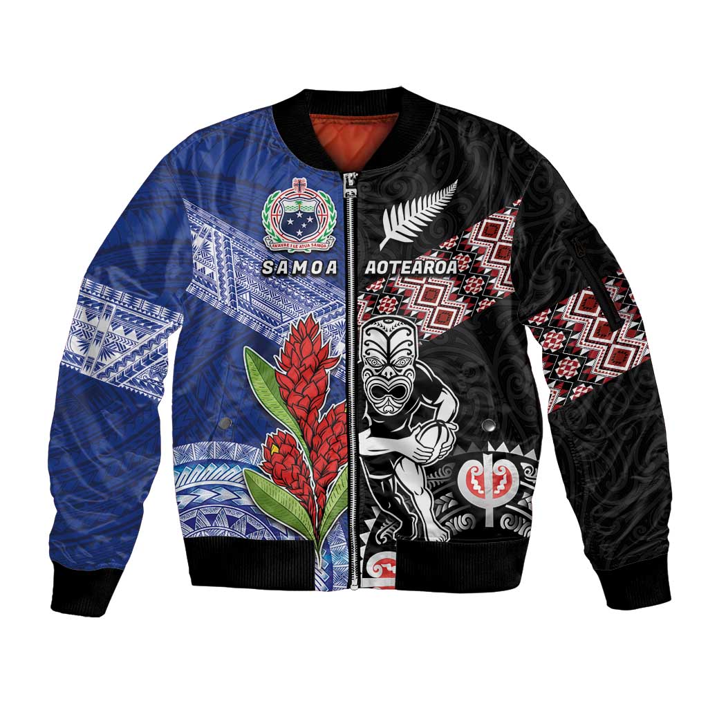Custom Aotearoa and Samoa Rugby Sleeve Zip Bomber Jacket Maori Warrior and Teuila Emblem-Tatau with Taniko Art