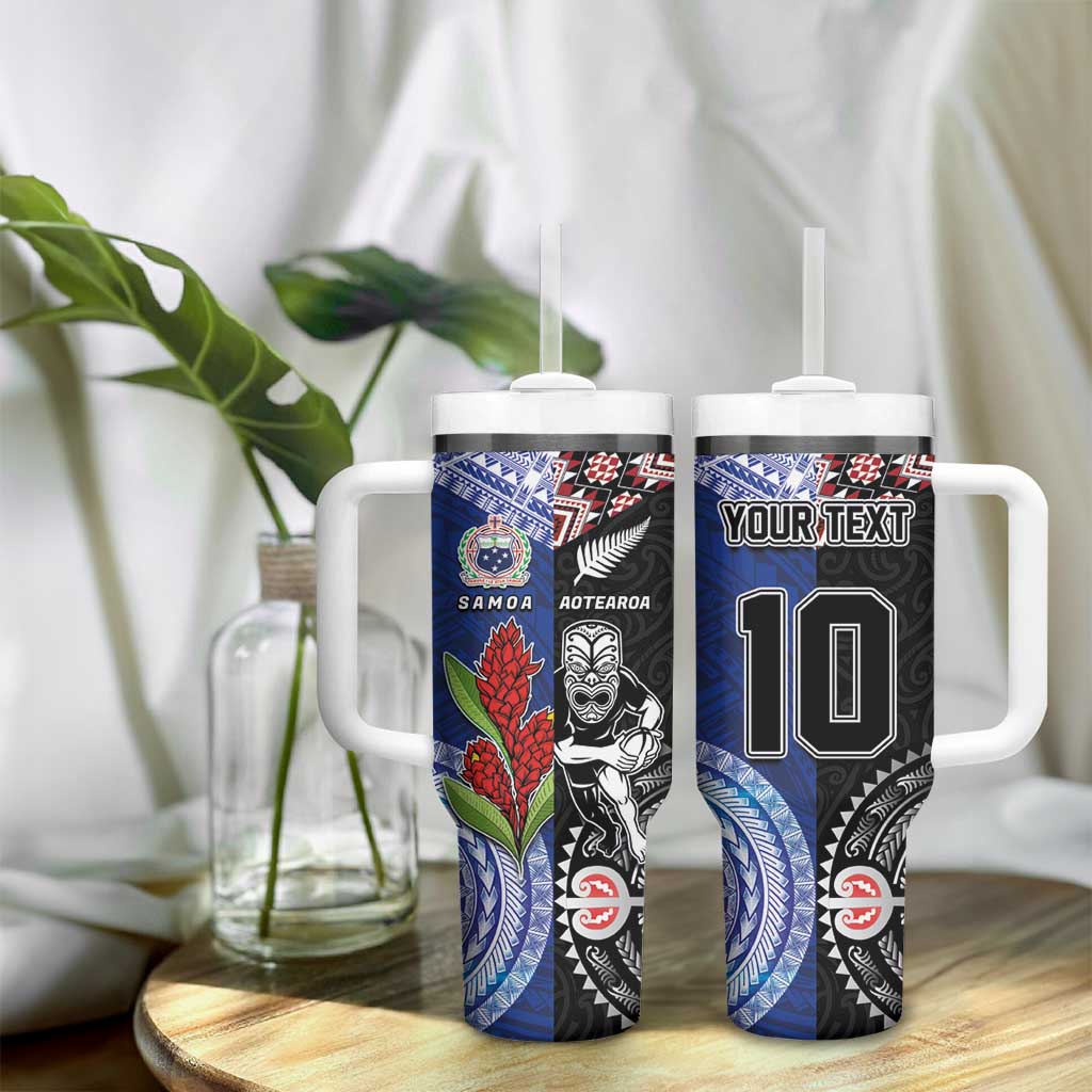 Custom Aotearoa and Samoa Rugby Tumbler With Handle Maori Warrior and Teuila Emblem-Tatau with Taniko Art