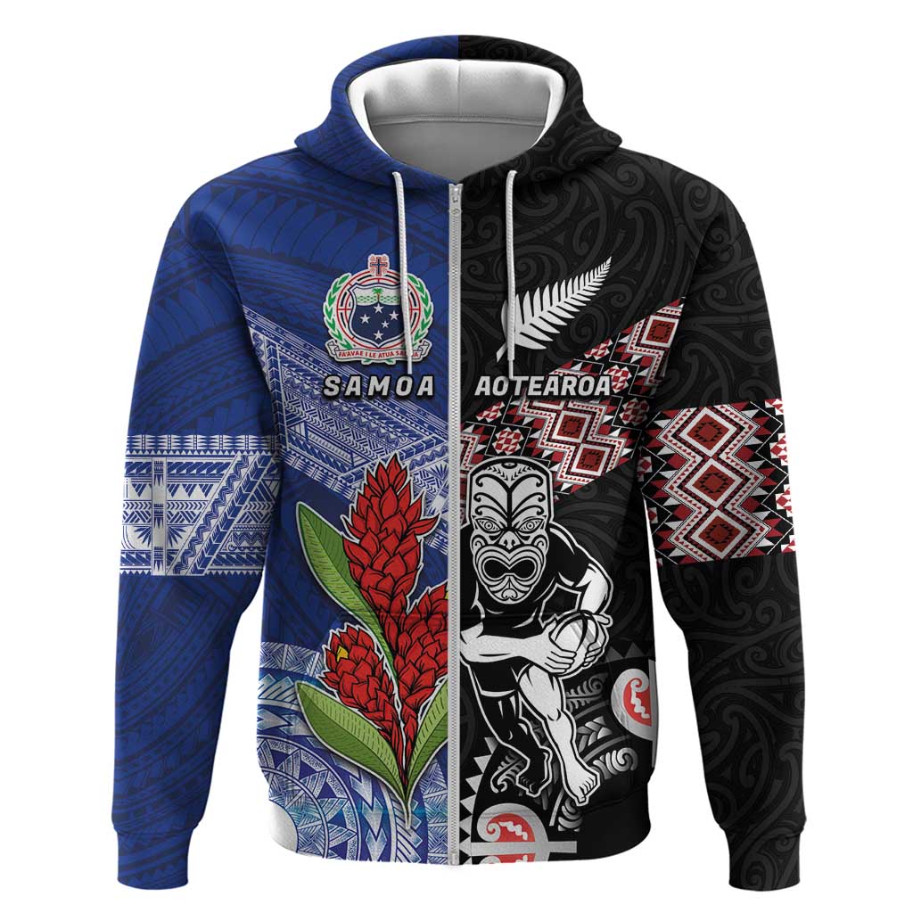 Custom Aotearoa and Samoa Rugby Zip Hoodie Maori Warrior and Teuila Emblem-Tatau with Taniko Art