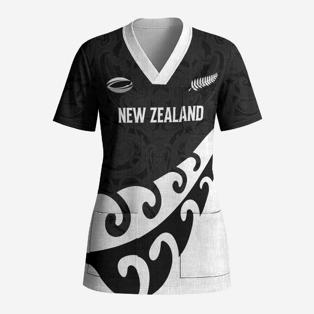 Custom NZ Rugby Scrub Top Koru and Silver Fern Sporty Style