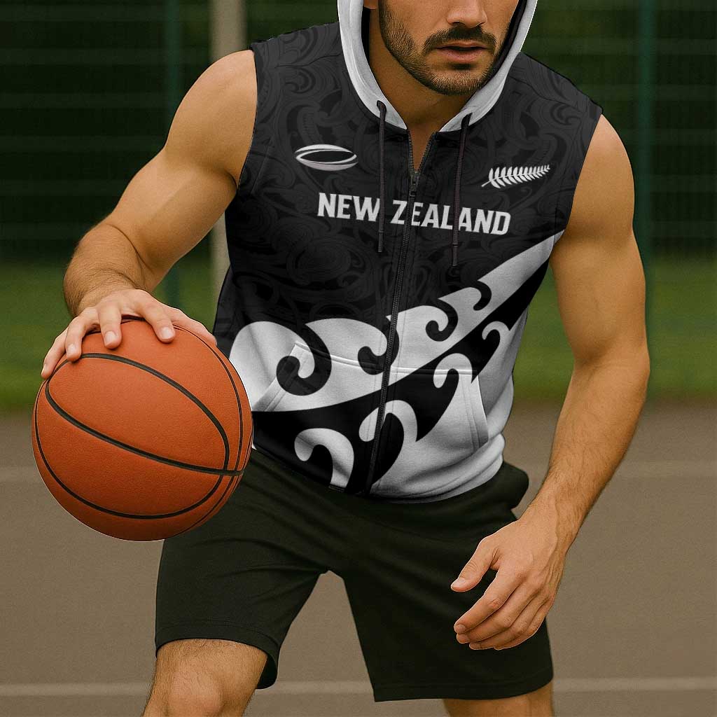 Custom NZ Rugby Sleeveless Zip Hoodie Koru and Silver Fern Sporty Style