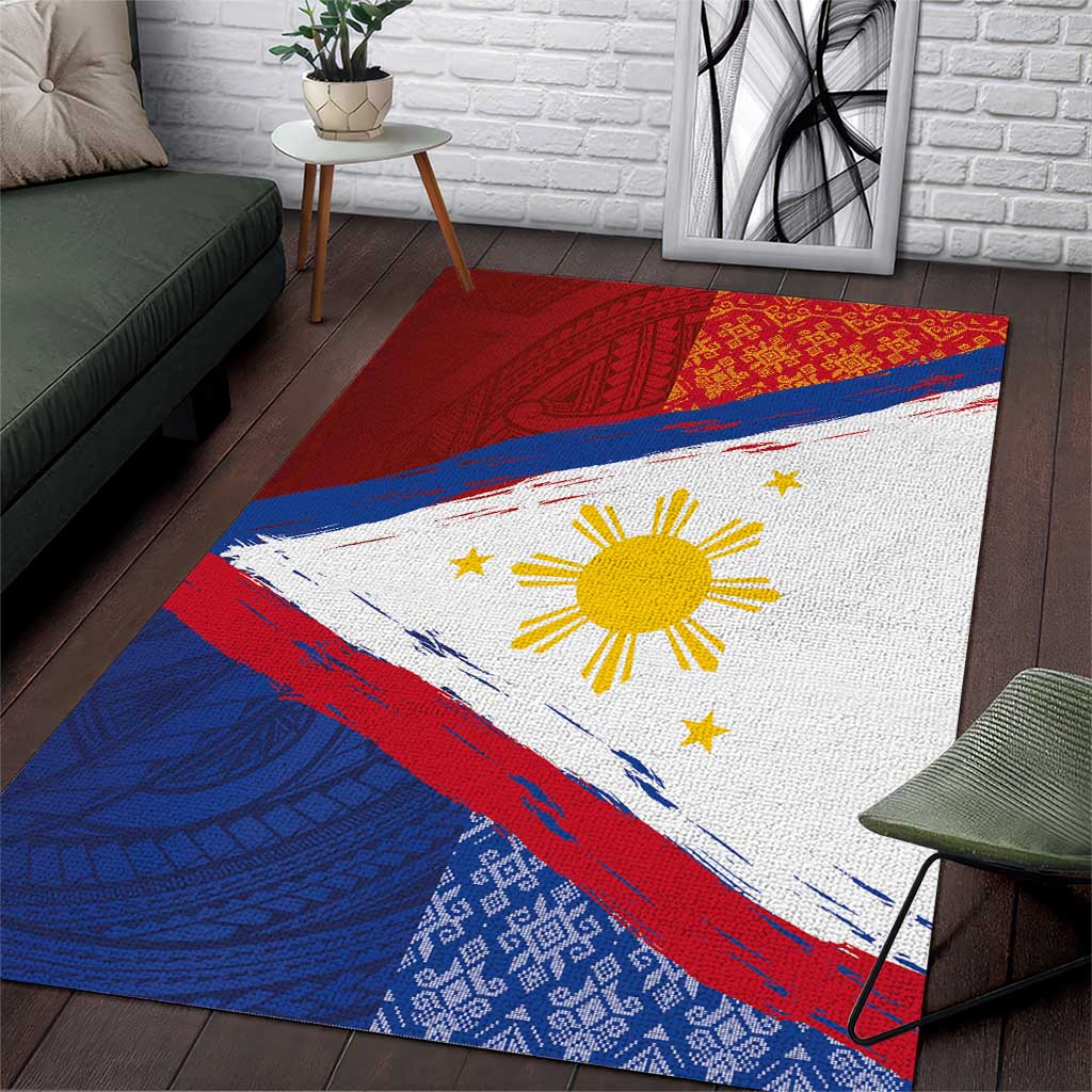 Philippines National Flag Day Area Rug Polynesian and Yakan Tattoo Brush Style