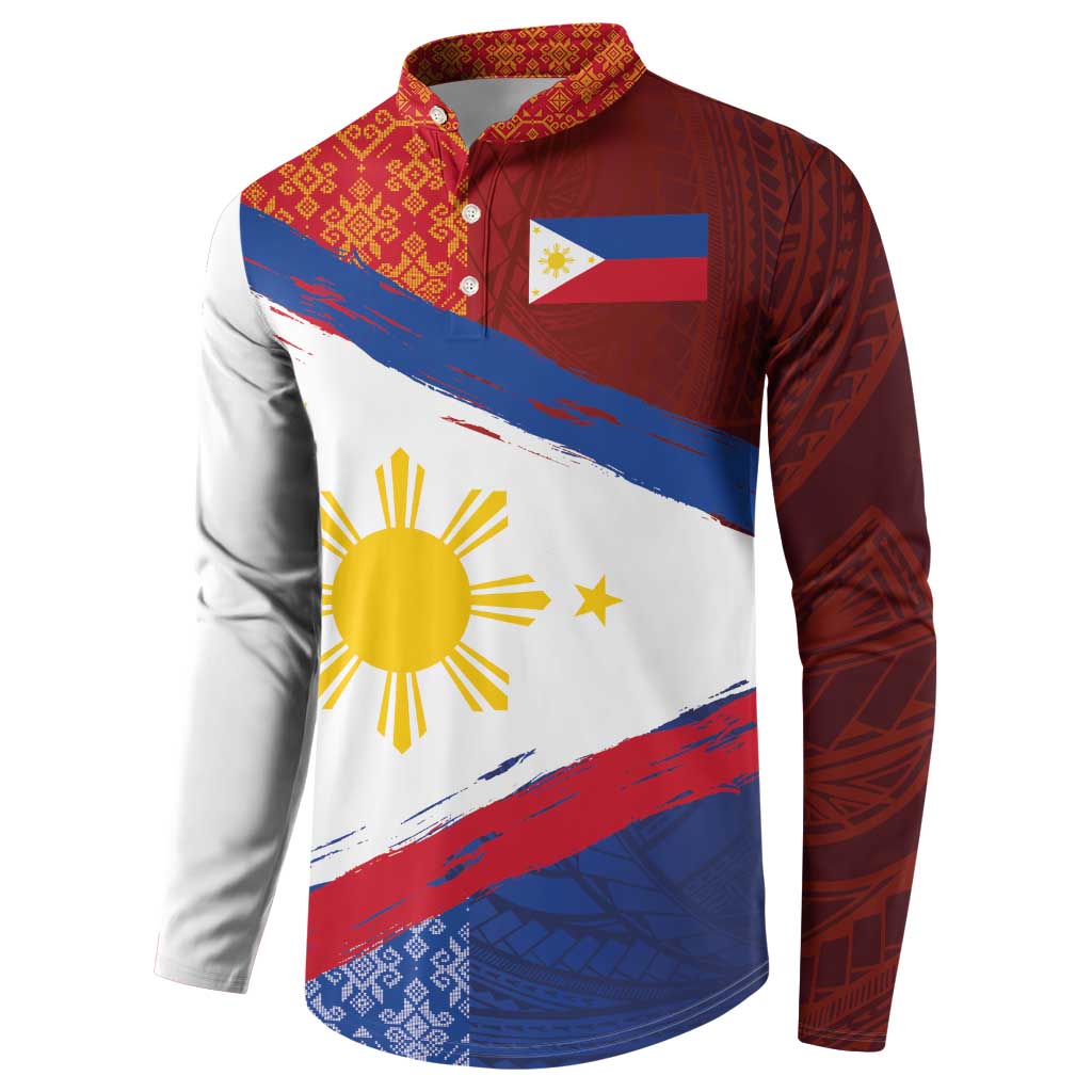 Philippines National Flag Day Button Sweatshirt Polynesian and Yakan Tattoo Brush Style