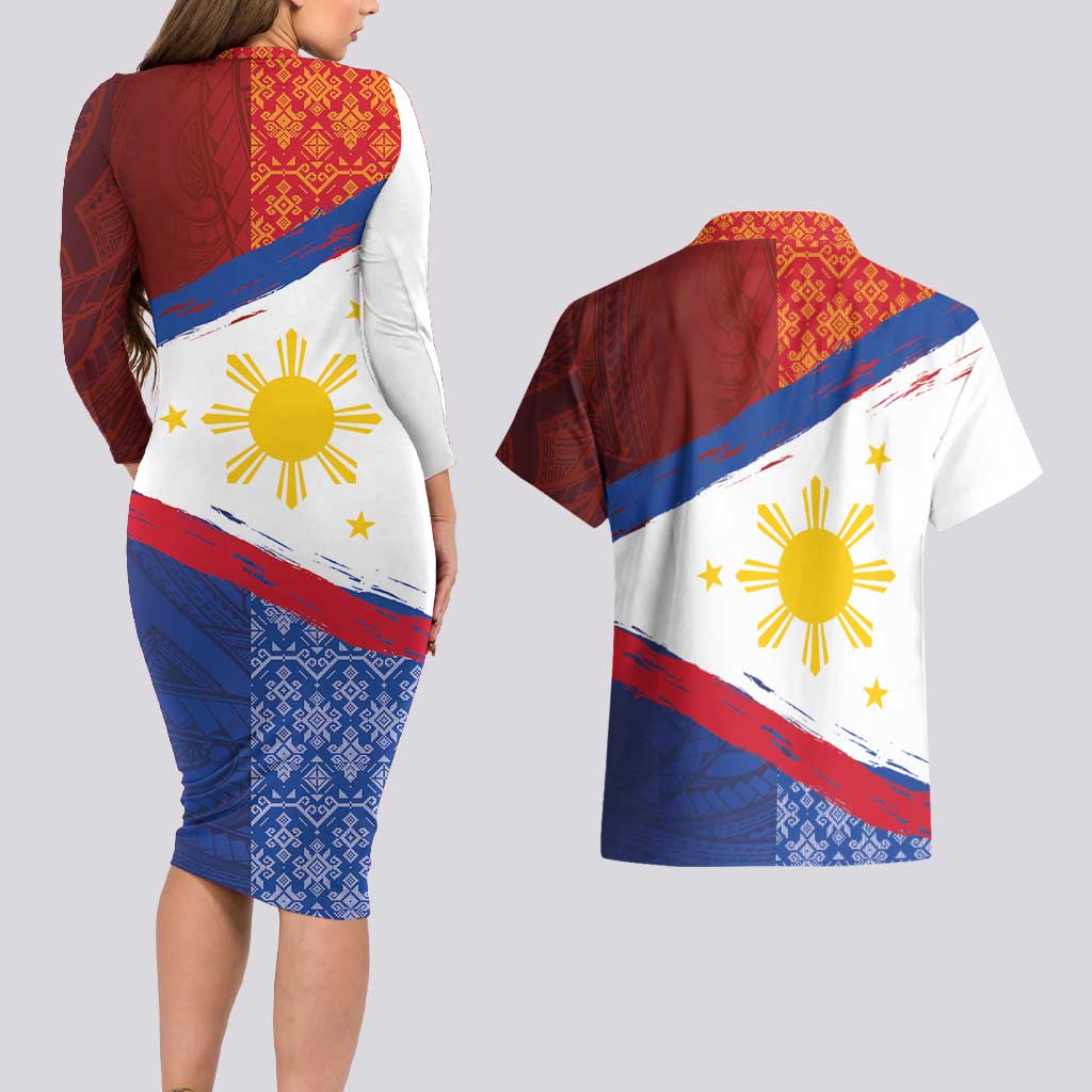 Philippines National Flag Day Couples Matching Long Sleeve Bodycon Dress and Hawaiian Shirt Polynesian and Yakan Tattoo Brush Style