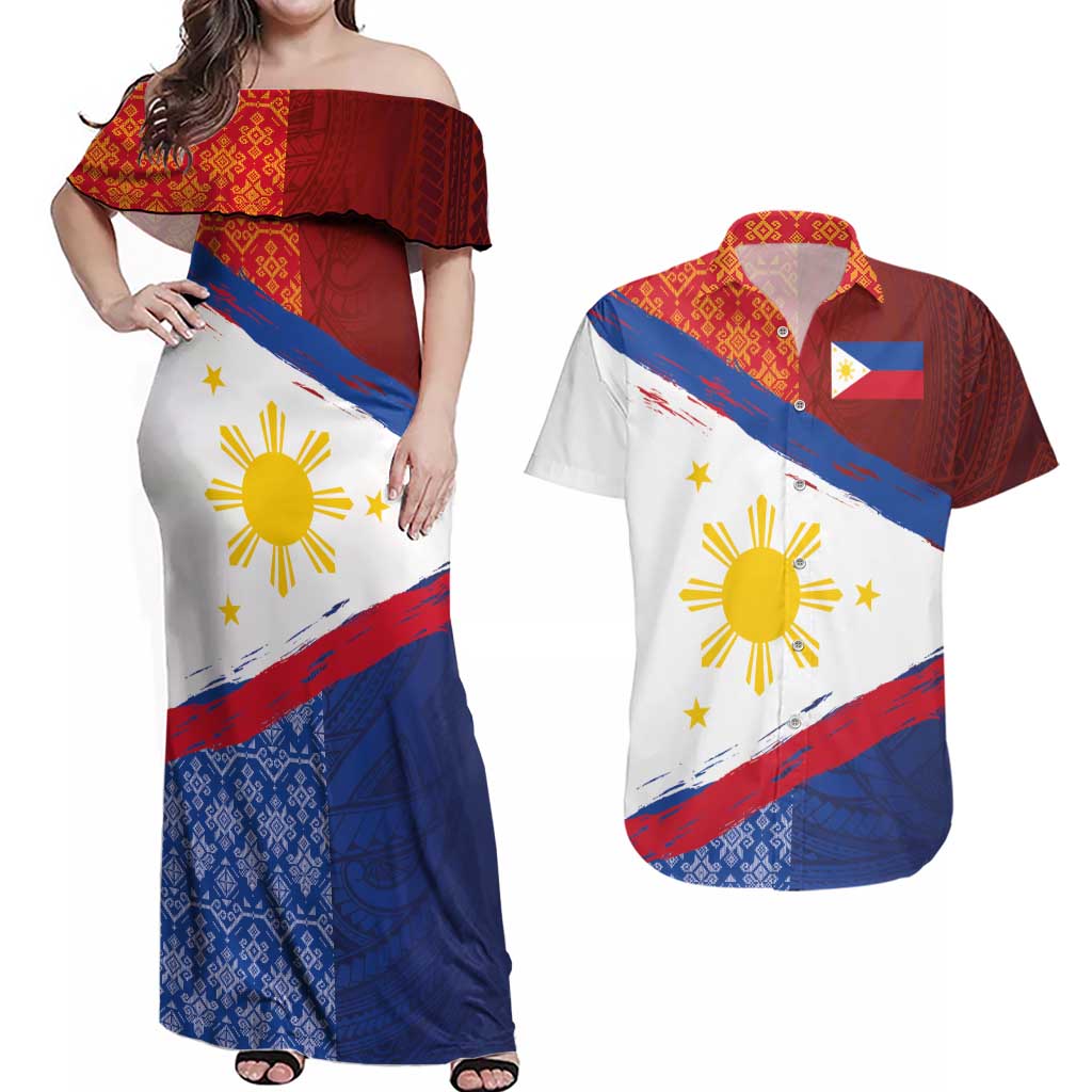 Philippines National Flag Day Couples Matching Off Shoulder Maxi Dress and Hawaiian Shirt Polynesian and Yakan Tattoo Brush Style