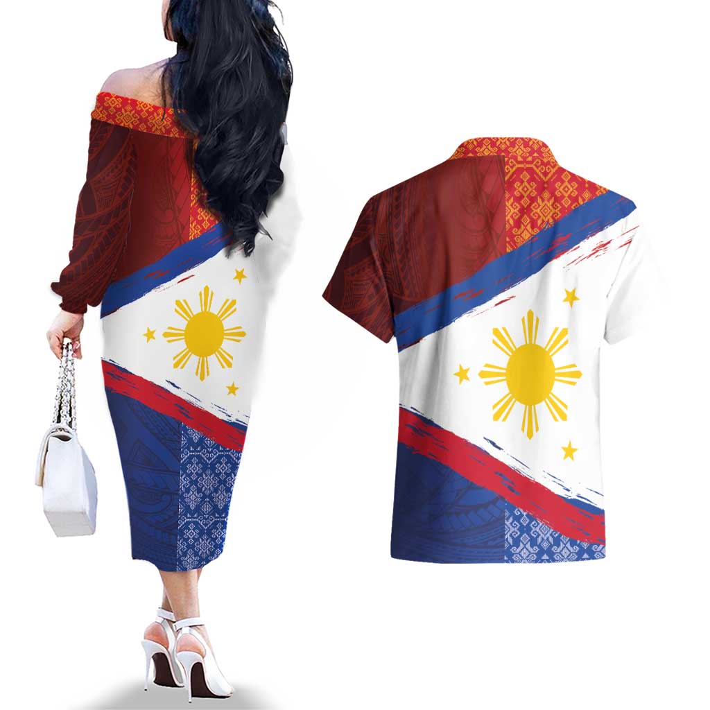Philippines National Flag Day Couples Matching Off The Shoulder Long Sleeve Dress and Hawaiian Shirt Polynesian and Yakan Tattoo Brush Style