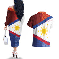 Philippines National Flag Day Couples Matching Off The Shoulder Long Sleeve Dress and Hawaiian Shirt Polynesian and Yakan Tattoo Brush Style