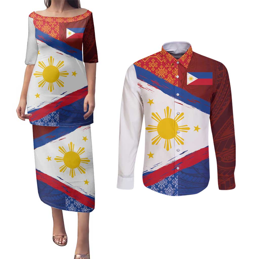 Philippines National Flag Day Couples Matching Puletasi and Long Sleeve Button Shirt Polynesian and Yakan Tattoo Brush Style