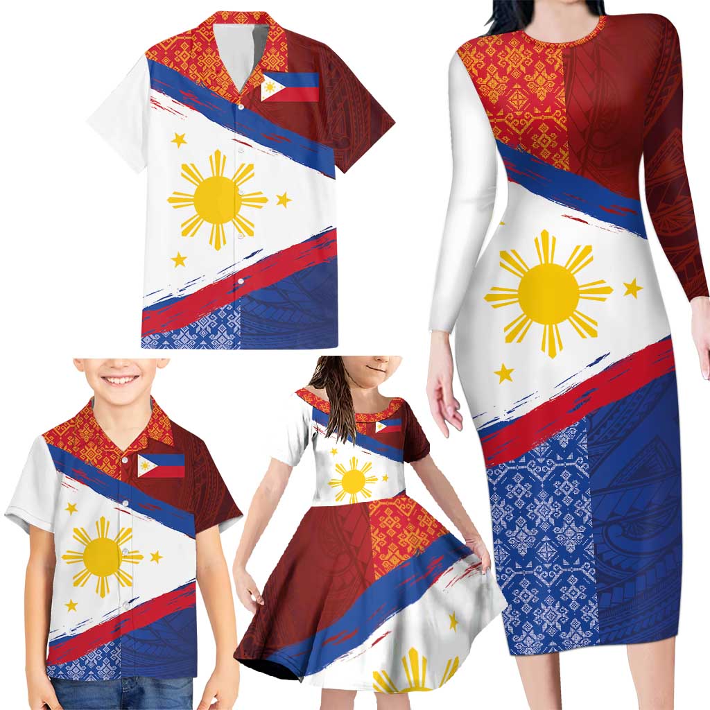 Philippines National Flag Day Family Matching Long Sleeve Bodycon Dress and Hawaiian Shirt Polynesian and Yakan Tattoo Brush Style