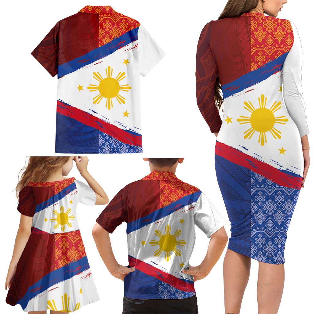 Philippines National Flag Day Family Matching Long Sleeve Bodycon Dress and Hawaiian Shirt Polynesian and Yakan Tattoo Brush Style