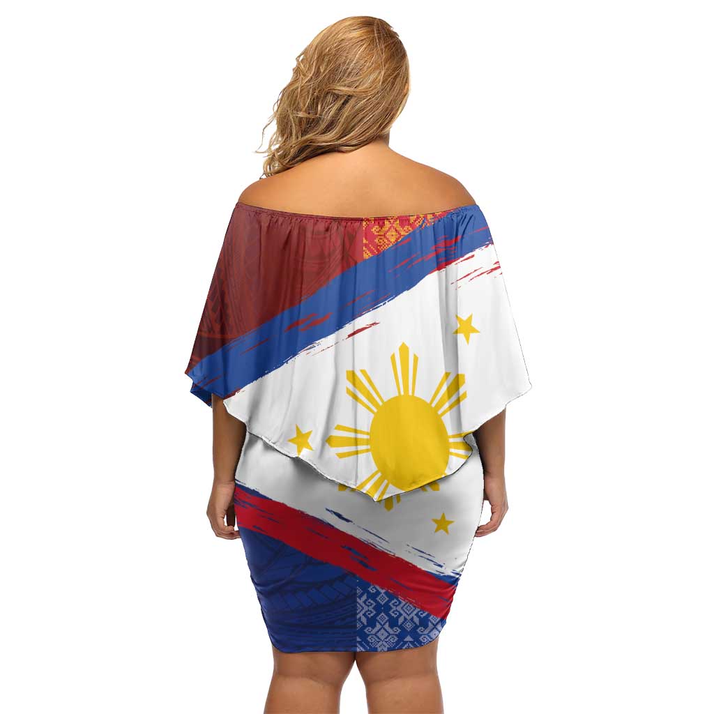 Philippines National Flag Day Family Matching Off Shoulder Short Dress and Hawaiian Shirt Polynesian and Yakan Tattoo Brush Style