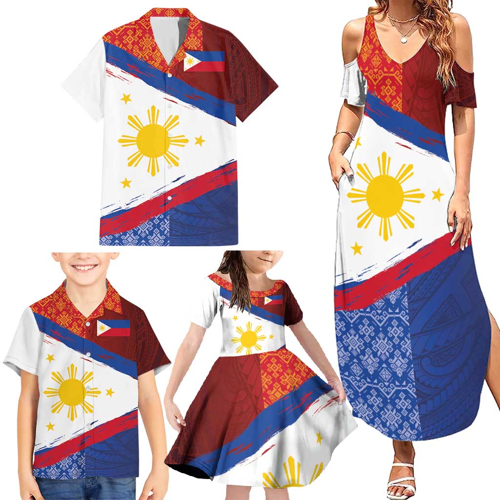 Philippines National Flag Day Family Matching Summer Maxi Dress and Hawaiian Shirt Polynesian and Yakan Tattoo Brush Style
