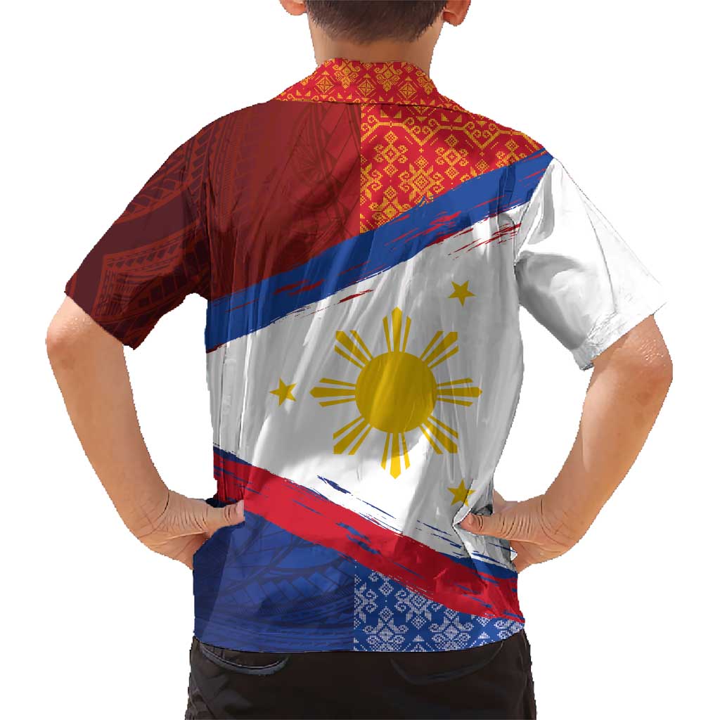 Philippines National Flag Day Kid Hawaiian Shirt Polynesian and Yakan Tattoo Brush Style