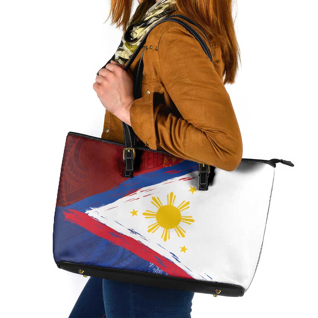 Philippines National Flag Day Leather Tote Bag Polynesian and Yakan Tattoo Brush Style