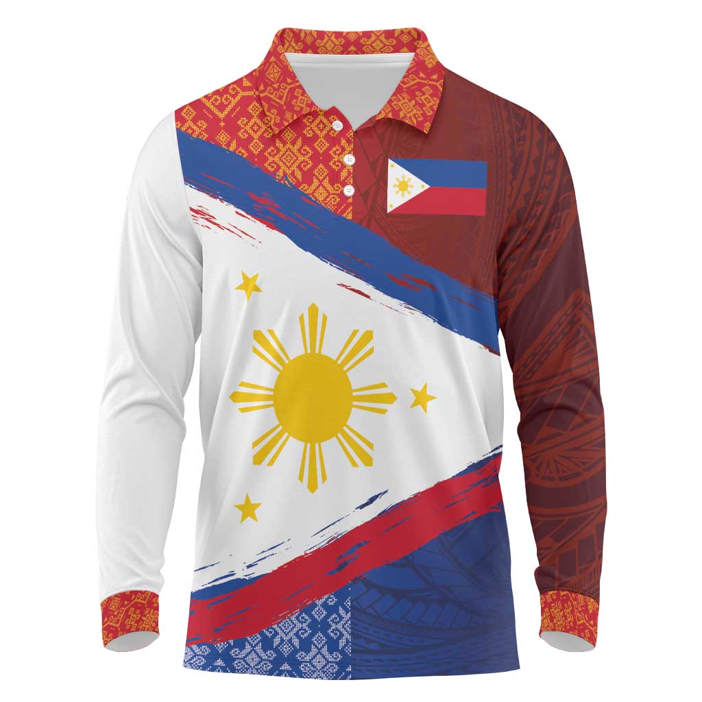 Philippines National Flag Day Long Sleeve Polo Shirt Polynesian and Yakan Tattoo Brush Style