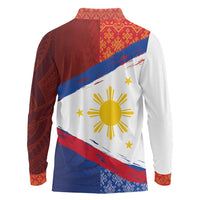 Philippines National Flag Day Long Sleeve Polo Shirt Polynesian and Yakan Tattoo Brush Style