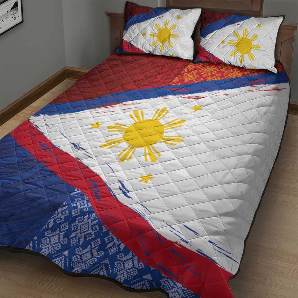 Philippines National Flag Day Quilt Bed Set Polynesian and Yakan Tattoo Brush Style