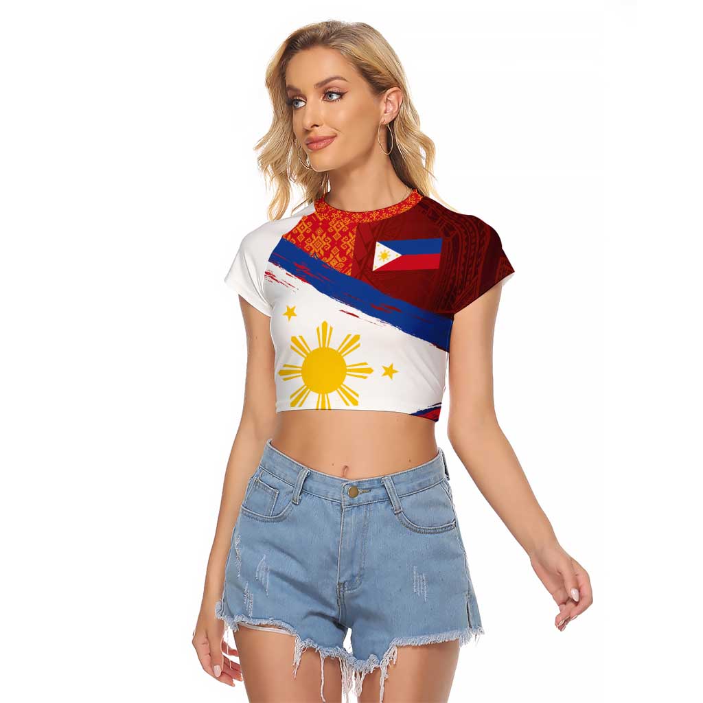Philippines National Flag Day Raglan Cropped T Shirt Polynesian and Yakan Tattoo Brush Style