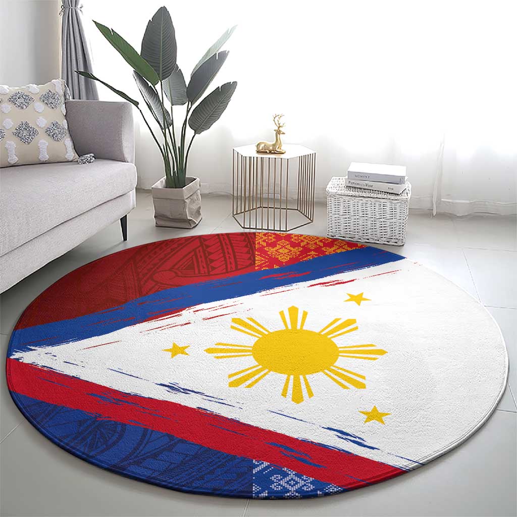 Philippines National Flag Day Round Carpet Polynesian and Yakan Tattoo Brush Style
