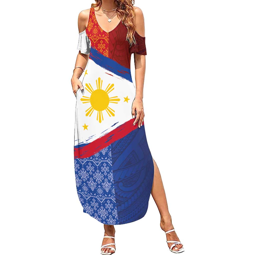 Philippines National Flag Day Summer Maxi Dress Polynesian and Yakan Tattoo Brush Style