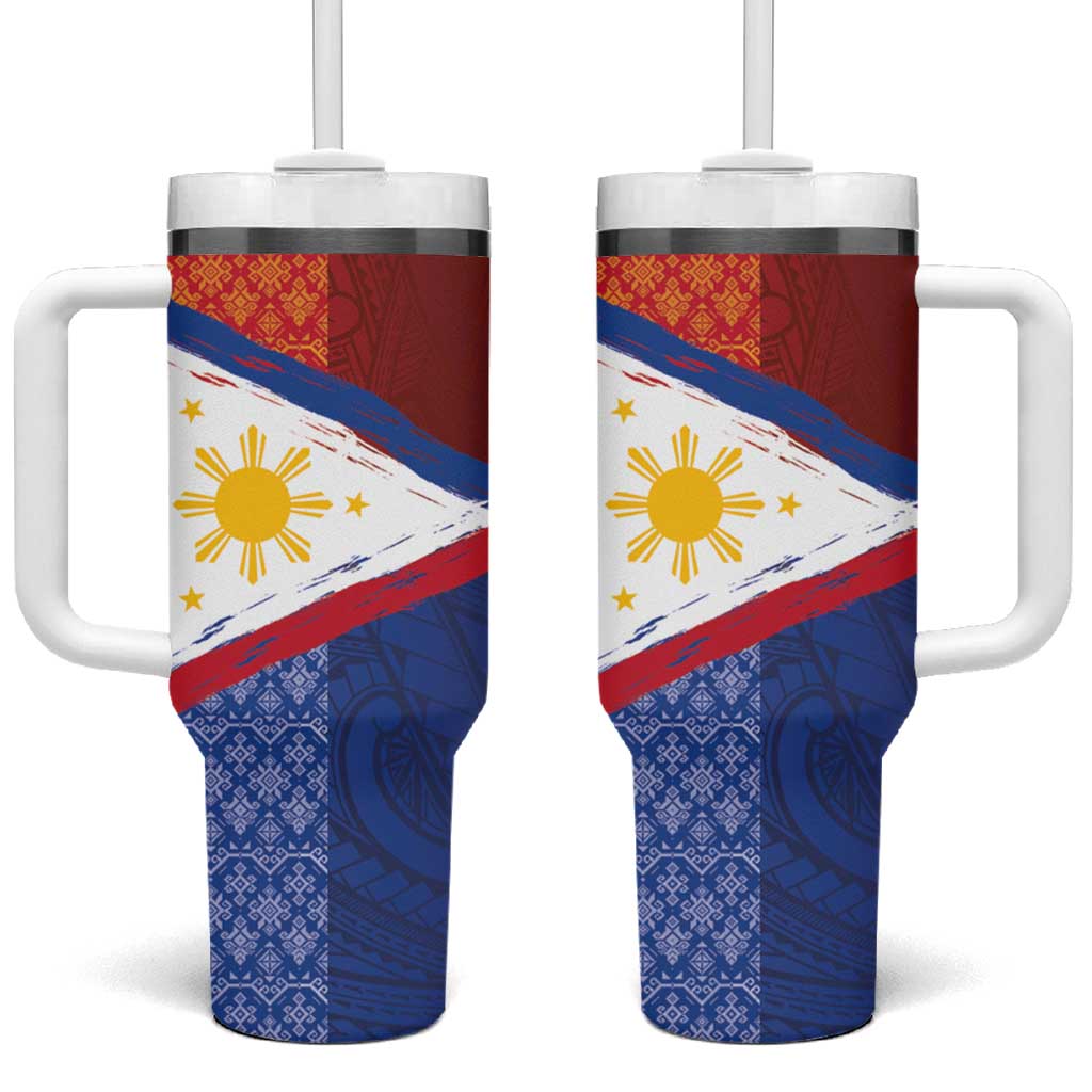 Philippines National Flag Day Tumbler With Handle Polynesian and Yakan Tattoo Brush Style