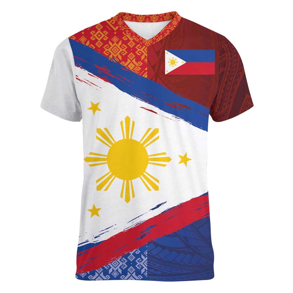 Philippines National Flag Day Women V-Neck T-Shirt Polynesian and Yakan Tattoo Brush Style