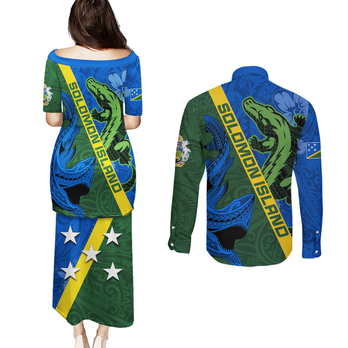 Solomon Island Crocodile and Shark Couples Matching Puletasi and Long Sleeve Button Shirt Polynesian Pattern