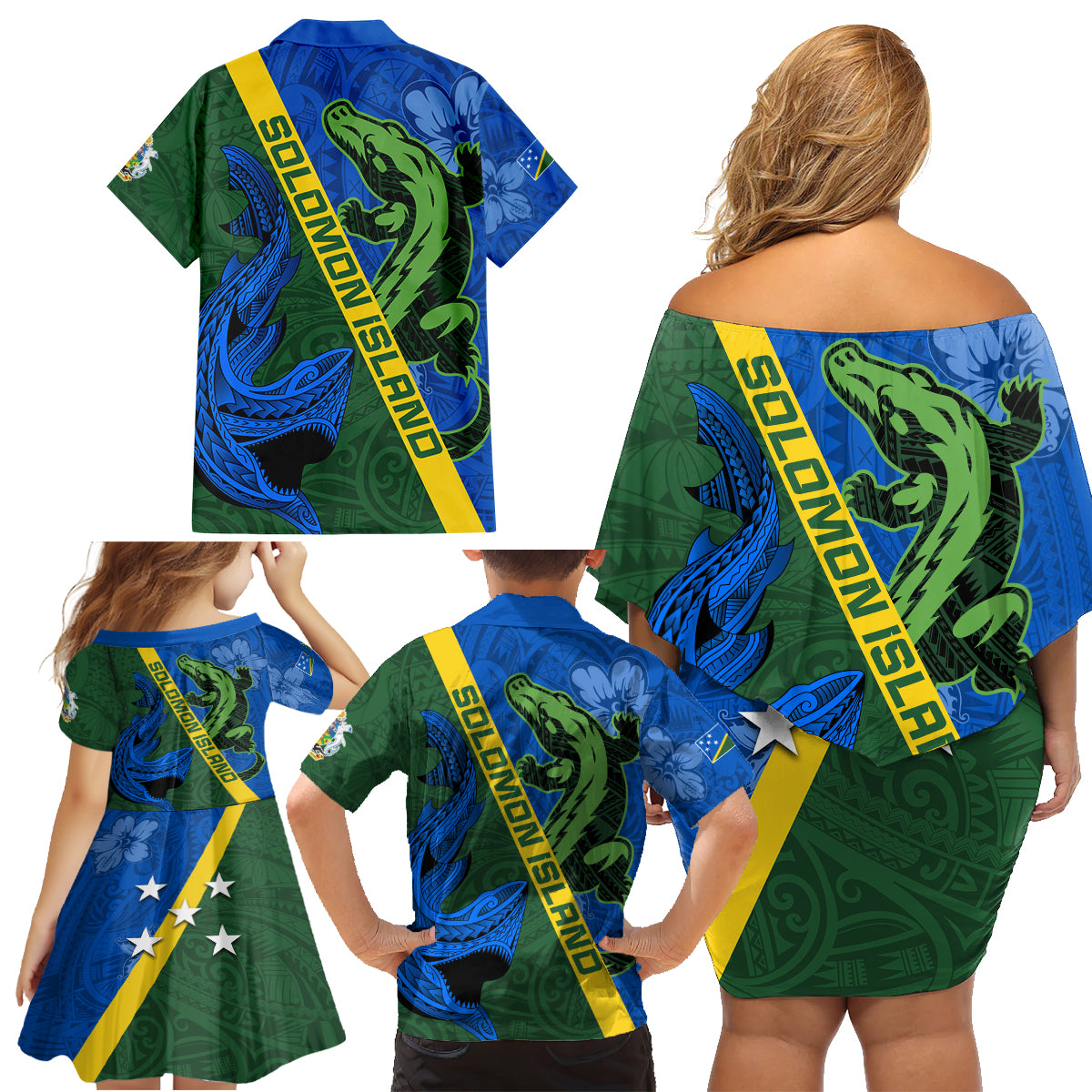 Solomon Island Crocodile and Shark Family Matching Off Shoulder Short Dress and Hawaiian Shirt Polynesian Pattern