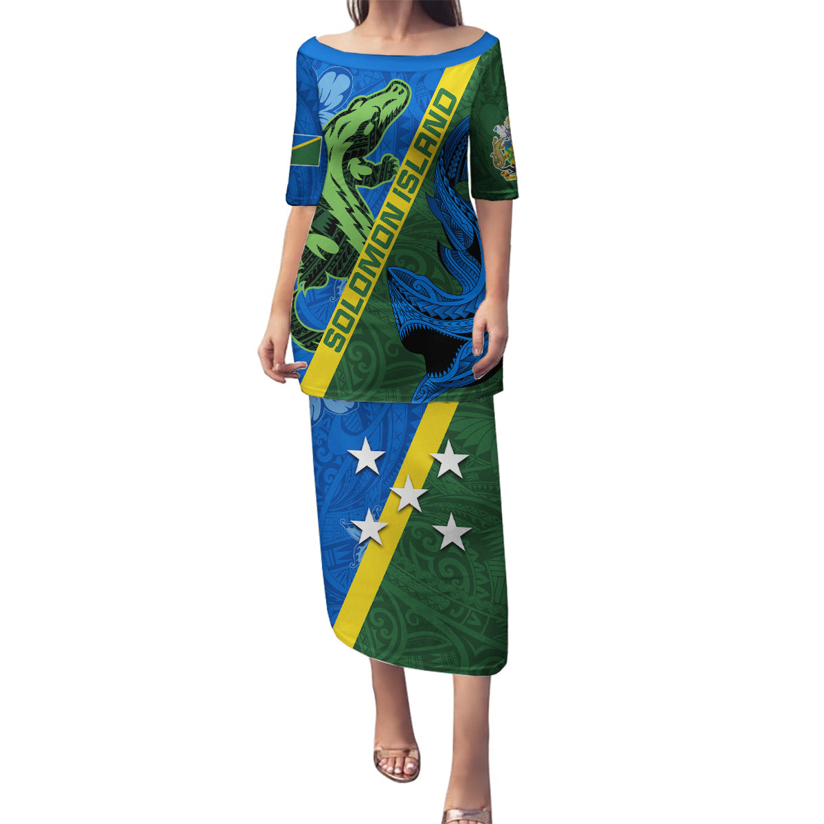 Solomon Island Crocodile and Shark Family Matching Puletasi and Hawaiian Shirt Polynesian Pattern