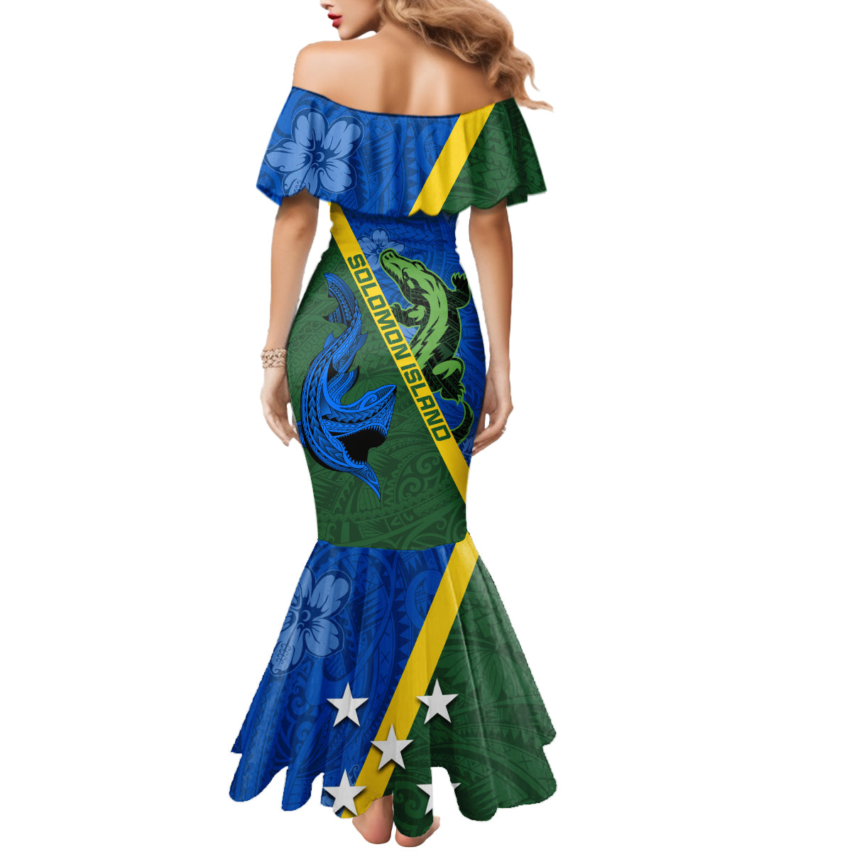 Solomon Island Crocodile and Shark Mermaid Dress Polynesian Pattern